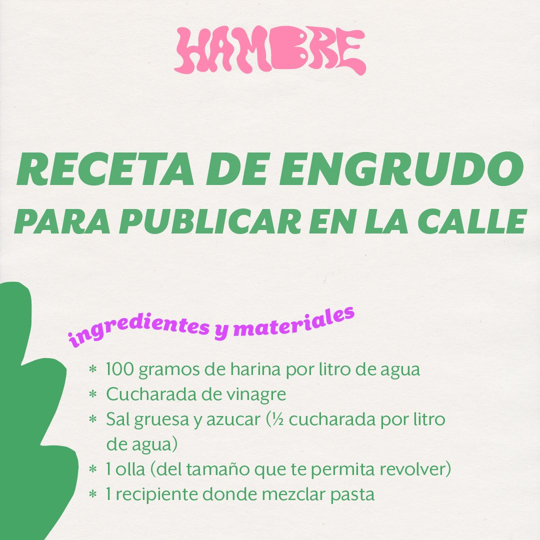 hambredisidente's tweet photo. 🥄 Receta de #engrudo para publicar en la calle ‼️ Ingredientes, materiales y un paso a paso para su preparación ✂️

#hambrehambrehambre #acciongraficaurgente #recetas #8m #artegrafico #protesta #accióngráficaurgente https://t.co/NmGDlTQwiN