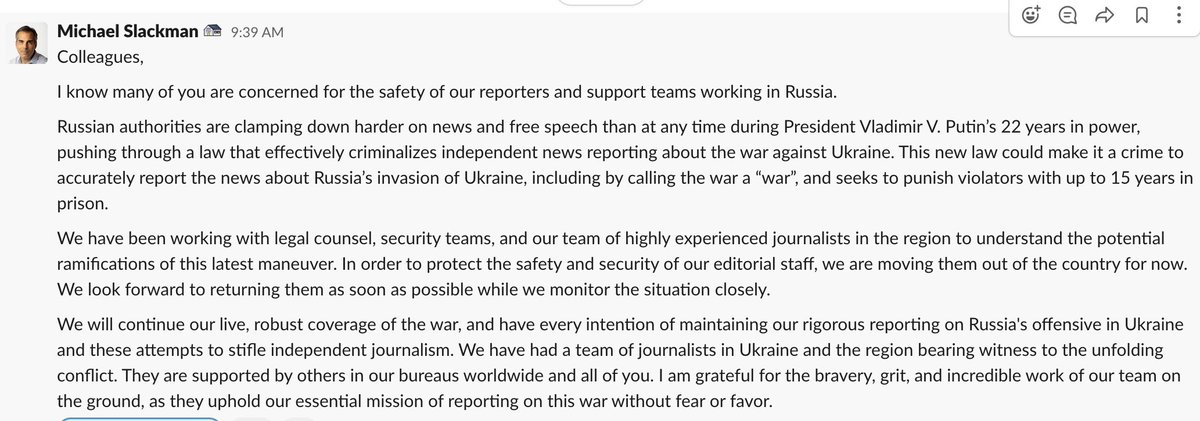 As a former Moscow bureau chief for @nytimes, I am saddened to report that we are pulling our journalists from Russia. Here is a statement from @meslackman, assistant managing editor, to the company.