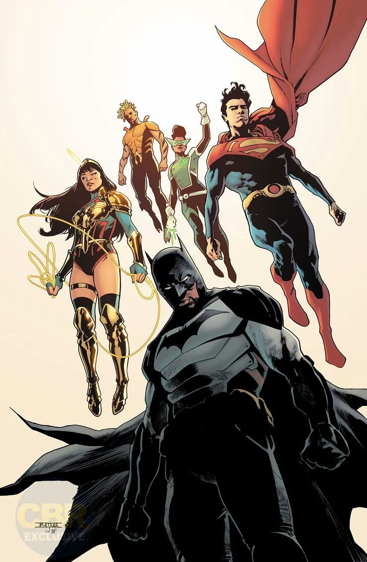 TorreVigilancia's tweet photo. Conheça a nova #LigadaJustiça dos quadrinhos! O grupo é composto por #TimFox (#Batman), #JonKent (#Superman), #YaraFlor (#MulherMaravilha), #SojournerMullein (#LanternaVerde) e #JacksonHyde (#Aquaman). A imagem foi divulgada com exclusividade pelo @CBR. https://t.co/FepNIZkEps