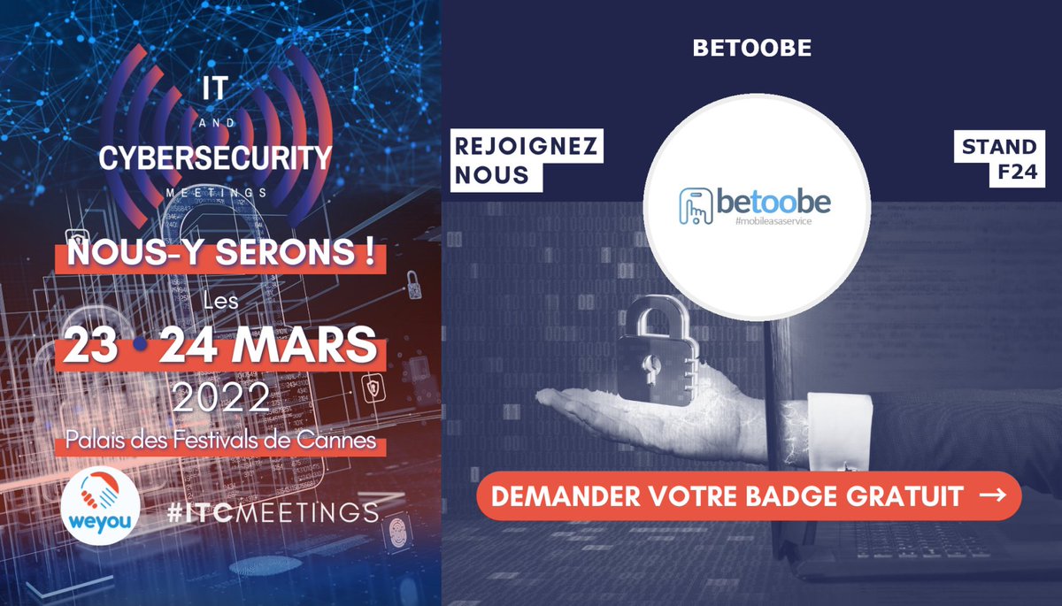 📢 Betoobe sera à nouveau au salon IT &amp; Cybersecurity Meetings cette année ! L'occasion d'échanger ensemble en direct et en physique sur les différents sujets de cybersécurité qui touchent aux flottes de mobiles 📲🔐 

On se voit là-bas ? 🚀

#Cybersécurité #ITCMeetings