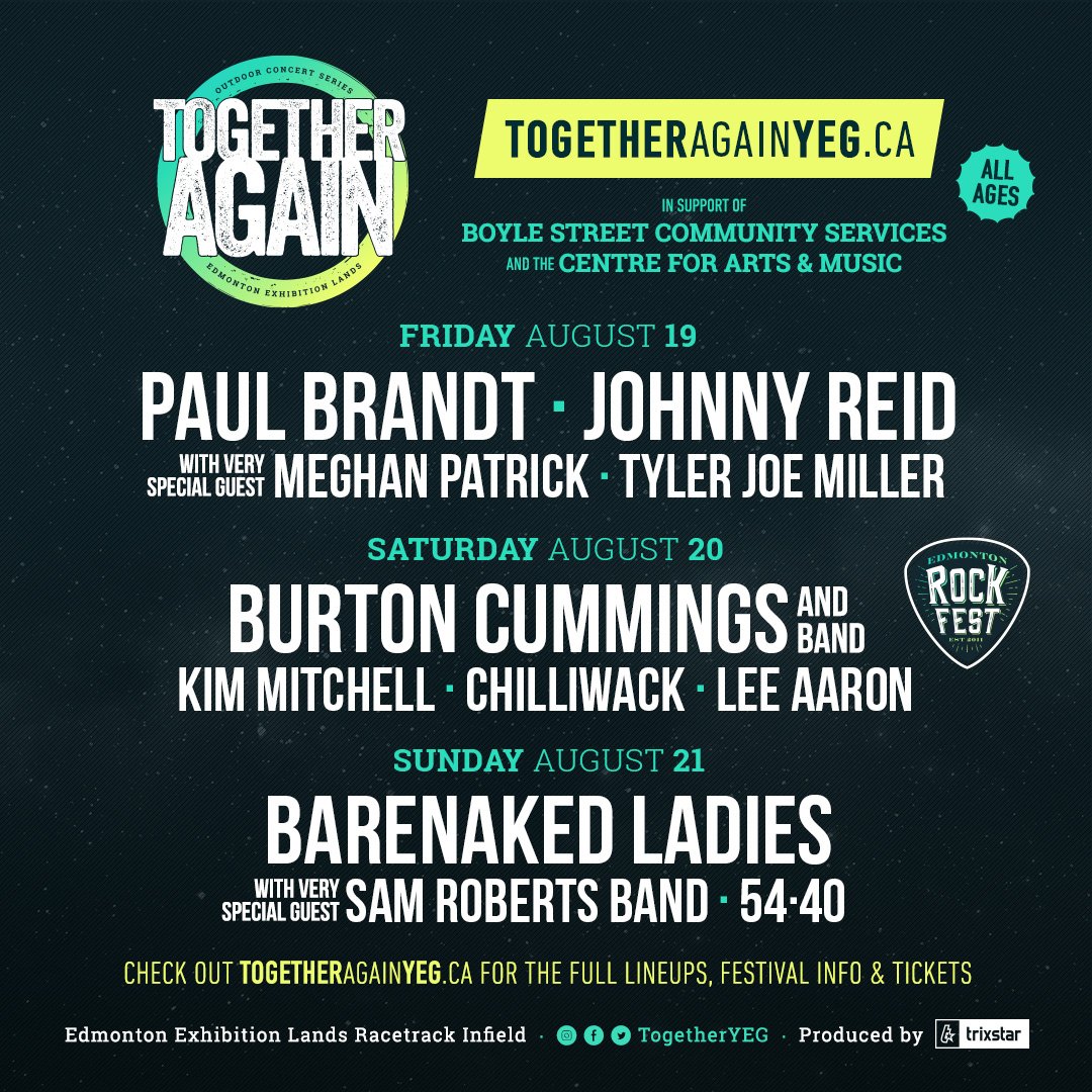 🌟 IT'S HERE! 💫

The complete @TogetherYEG and @yegrockfest lineup! 😁

Featuring @paulbrandt, @JohnnyReid, @burtoncummings, @barenakedladies and more! 🎸

Tickets go onsale this Friday, March 11, at 10:00 am (MST)! 📅