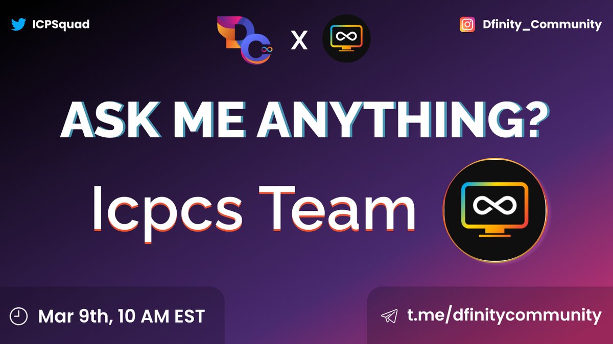 We're giving away 10 NFTs for our AMA with <a href="/icpcsnft/">BlockOS | ICPCS</a> 🖥️🎁

Rules:
✅ Retweet this
✅ Follow <a href="/ICPSquad/">ICPSquad</a> &amp; <a href="/icpcsnft/">BlockOS | ICPCS</a>
✅ Tag 3 friends and write your question below 👇

🎁 Prizes: 5 NFT twitter, 5 NFT telegram
📆: Mar 9th 10AM EST
📍: t.me/dfinitycommuni…