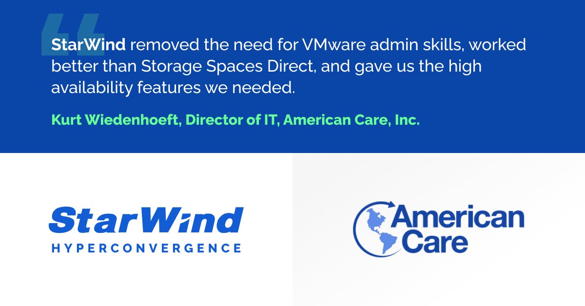 starwindsan's tweet photo. 🏆#StarWind_success_story
American Care, Inc., a US healthcare provider, saves over $20K on its IT operational expenses by deploying a #highlyavailable (#HA) #storagecluster powered by #StarWind Virtual SAN (#vSAN)
https://t.co/6GTHBbjGCr https://t.co/nfLfZhnI2C