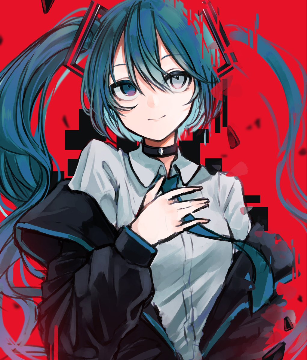 hatsune miku 1girl solo twintails long hair necktie glitch red background  illustration images