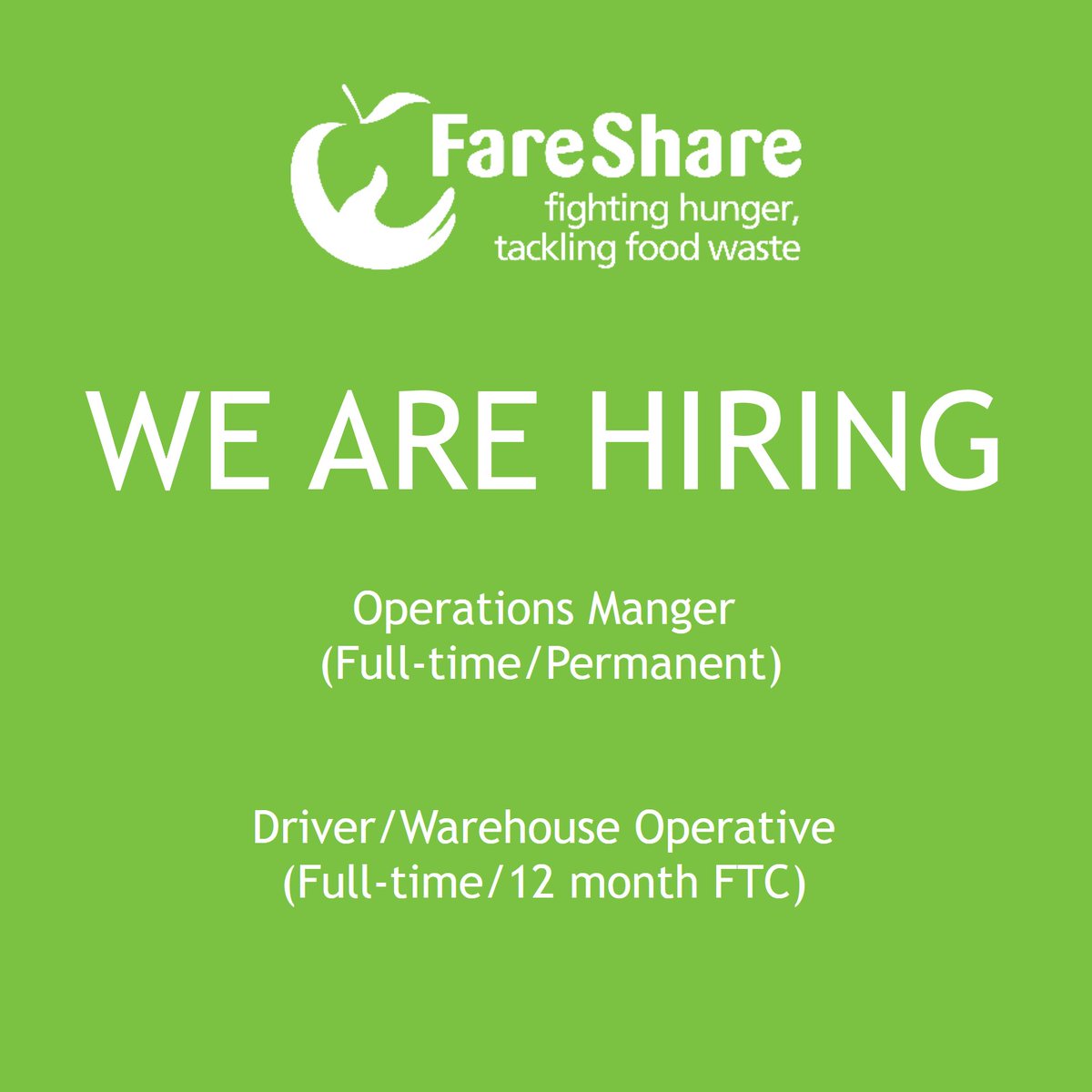 WE ARE HIRING

FareShare Merseyside are looking for an Operations Manager and a Driver/Warehouse Operative to join our operation

For more information about the vacancies and to apply, please visit apply.workable.com/fareshare/

<a href="/FareShareUK/">FareShare</a>