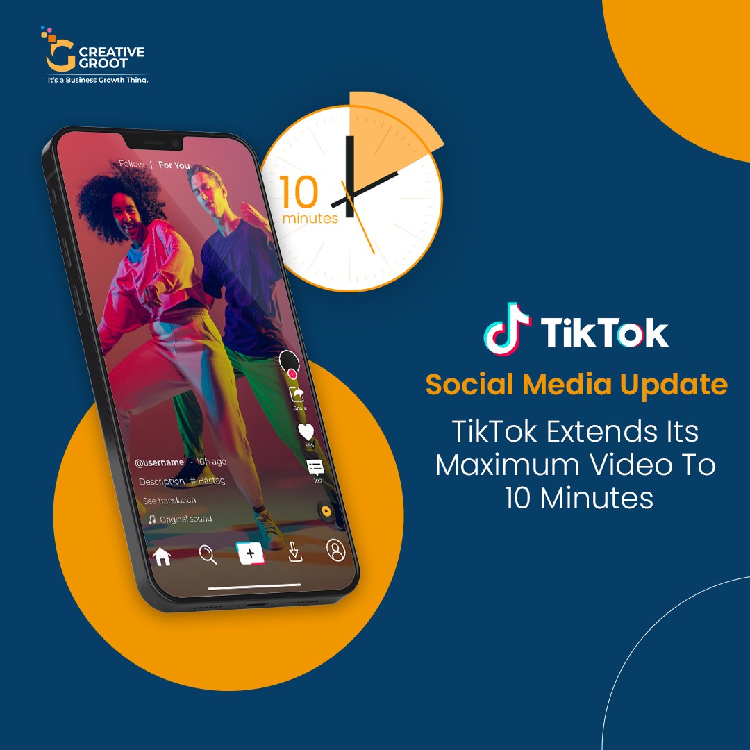 CreativeGroot's tweet image. #TikTok  says, We are excited to begin rolling out the ability to publish videos up to 10 minutes long, which we think will give our creators throughout the world even more creative freedom.

#socialmedia #tiktokupdate #socialmediaupdate  #CreativeGroot #DigitalAgency