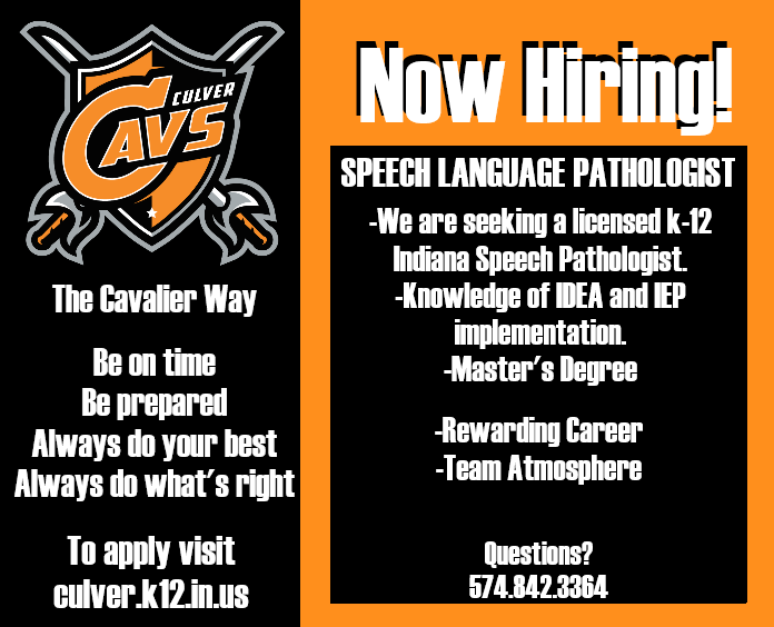 CcscCavaliers's tweet photo. We are hiring! 
We are currently looking for a Speech Language Pathologist. If you are interested in this position, please visit https://t.co/ieauz0GhXN to learn more! 
.
.
.
#CulverCavs #NowHiring #SpeechLanguage #PublicEducation #PublicSchool https://t.co/zLzD57qtBc