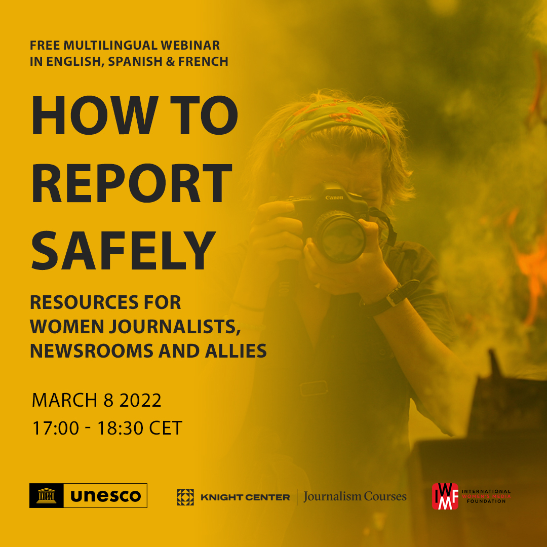#WomenJournalists continue to face threats online and offline.  
 
On #InternationalWomensDay join this free #webinar on promoting the safety of women journalists.  
 
Tune in here at 5pm GMT+1: youtu.be/e7KUp9pFfIc #IWD2022 #JournalistsToo