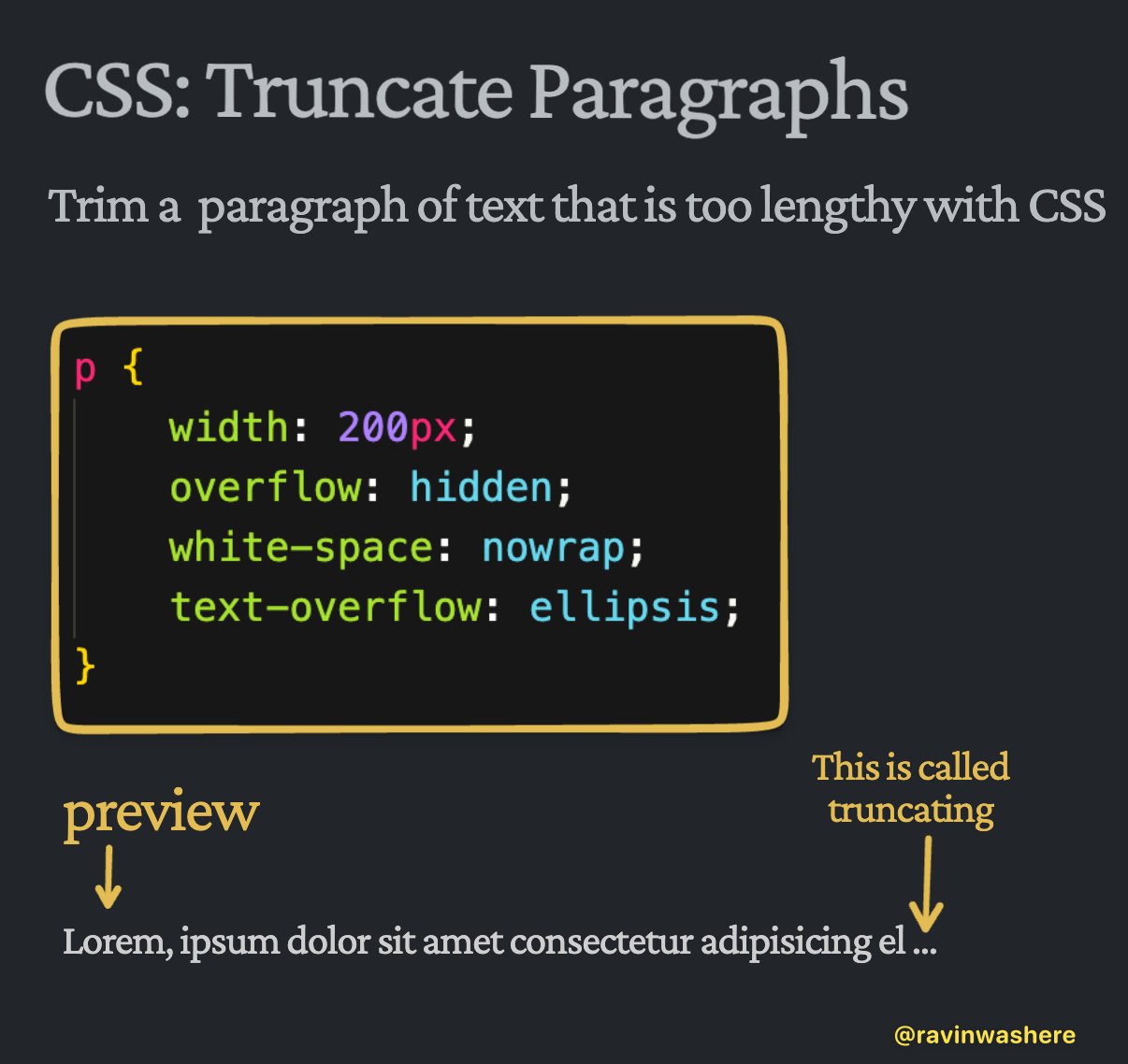 Ravin on X: "CSS tip: Trim a paragraph of text that is too long with CSS. https://t.co/5c83empe1O" / X Ravin on X: "CSS tip: Trim a paragraph of text that is too long with CSS. https://t.co/5c83empe1O" / X