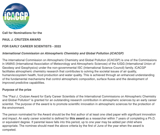 DrTomasS's tweet photo. Know anyone globally you would nominate for the 2022 #ICACGP Paul J Crutzen Award for Early Career Scientists (#ECS)?
Full details are below via @IGACProject, including how to nominate.
https://t.co/Yd2Xv7N3RB
#ECR #ECRChat #PhD #PostDoc #IGAC #AtmosSci #AtmosChem https://t.co/XiPHDMf3px