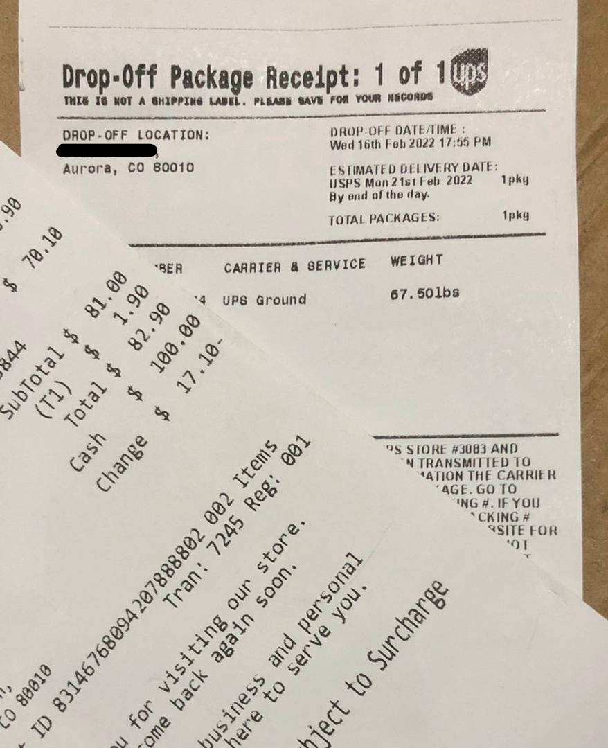 d_n_ritter's tweet photo. @UPS looks like your store #3083 is printing fraud receipts. Pic of receipt was sent to me, I sent shipping cost and then never received package. Mail fraud? @SecretService https://t.co/Qo89FqEolG
