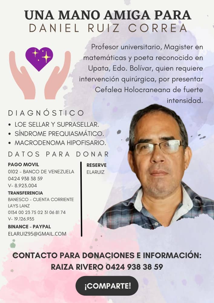 Quisiera con todo mi corazón no recurrir a esto, pero es mi papá.
Tiene un tumor cerebral que le ha causado muchas complicaciones al punto de que ya no puede moverse. La operación debe hacerse lo más pronto posible. Agradecería mucho cualquier ayuda, así sea solo compartiendo.