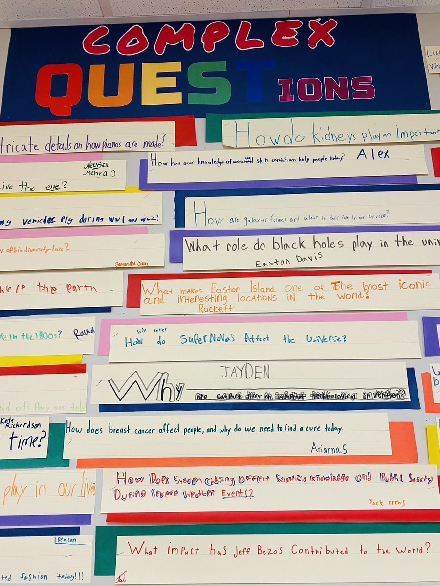DCEQuest's tweet photo. Our 4th and 5th grade QUESTers came up with so many great complex QUESTions for their independent study projects! Can’t wait to see their research and visions come to life! ❤️ #dcequest #lisdquest #1LISD #greatnesswithin @Kwood50603Kathy @DCEgreatnesswi1 @MatsudaRica https://t.co/VQyFfqIwc7