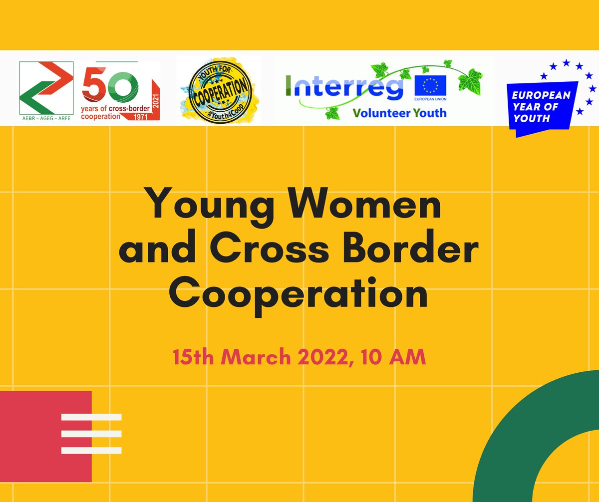 Happy International Women's Day! On this occasion, the <a href="/SocialnetAEBR/">AEBR-AGEG-ARFE</a> will organise the '#Young #Women and Cross Border #Cooperation' session on 15th March at 10am. #Youth4Coop  #EYY2022 @InterregYouth
Registration link>  forms.gle/hYxnQU68Ma1gif…