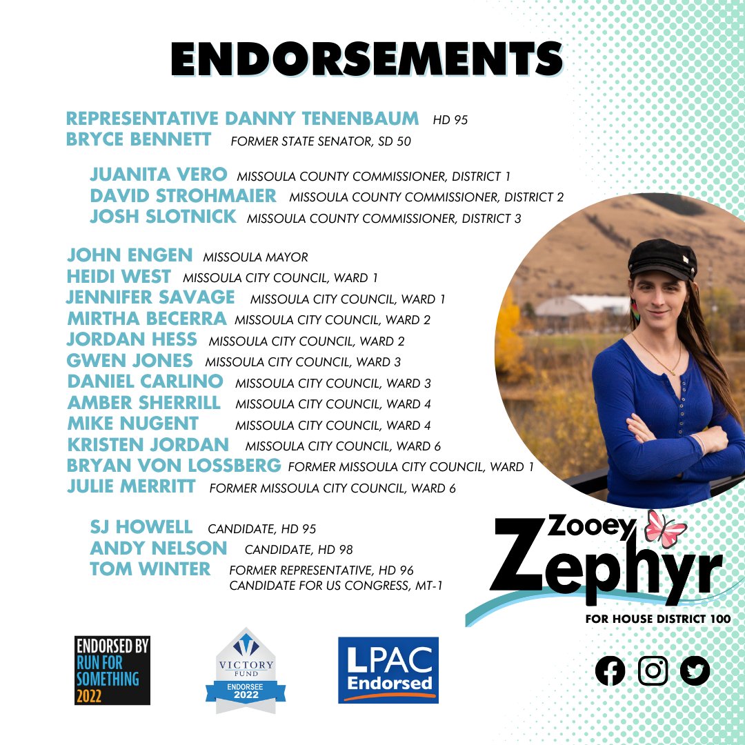 I am proud to share my updated endorsements, including @brycebennett, @DannyTenenbaum, the county commissioners, Mayor Engen, most of city council, several future legislators, as well as @runforsomething, @VictoryFund, and @TeamLPAC!

Thank you all for the support!

#mtpol #mtleg