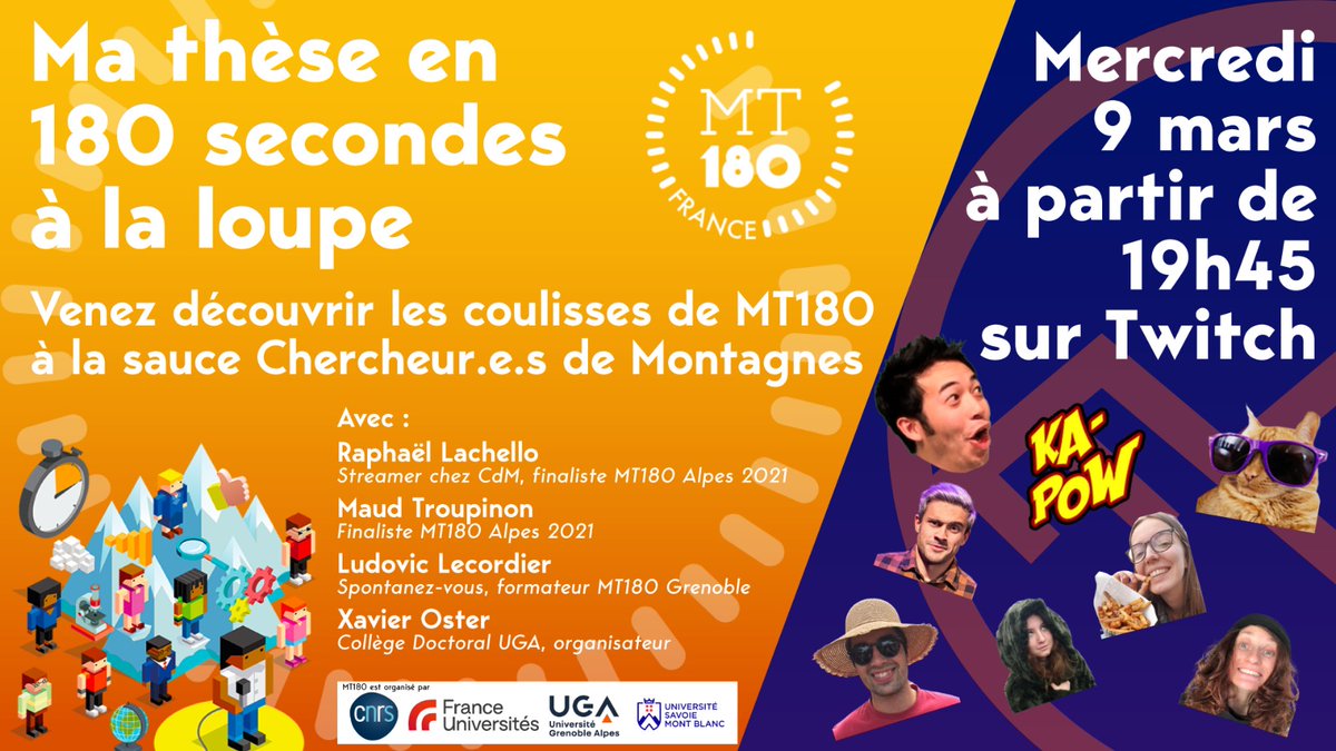 📢 Réservez votre soirée ! 

📅 RDV mercredi 9 mars sur notre chaîne #Twitch ➡️twitch.tv/chercheures_de…

🎬 Préparez-vous pour une émission spéciale "Coulisses de #MT180Gre" avec pleins d'invité.e.s exceptionnel.le.s ! 

<a href="/UGrenobleAlpes/">Université Grenoble Alpes</a> <a href="/Hauteurs_UGA/">(H)auteurs - UGA (FERMÉ/OFF)</a> <a href="/DocUnivGrenoble/">Doctorat Université Grenoble Alpes</a>