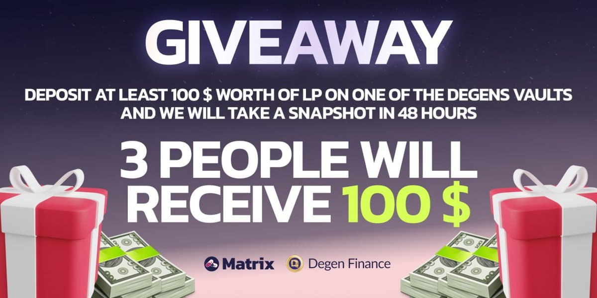 farm_matrix's tweet image. We are very happy to announce our new Giveaway in collaboration with @Degenfinancee 🚀💊 

Users can now deposit on 
Matrix.farm 

#FarmWithMatrix #DeFi #Giveaway