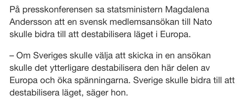 forsvarsakerhet's tweet image. Jag förstår inte hur hennes rådgivare kan få fortsätta att lägga ord i hennes mun. #fötwitter vet att jag är Nato-skeptisk (inte motståndare), men varför ska vi sälja ut handlingsfrihet? Vad ska hon säga om vi skulle söka medlemskap? ”Ja, detta Destabiliserar förstås” 😳