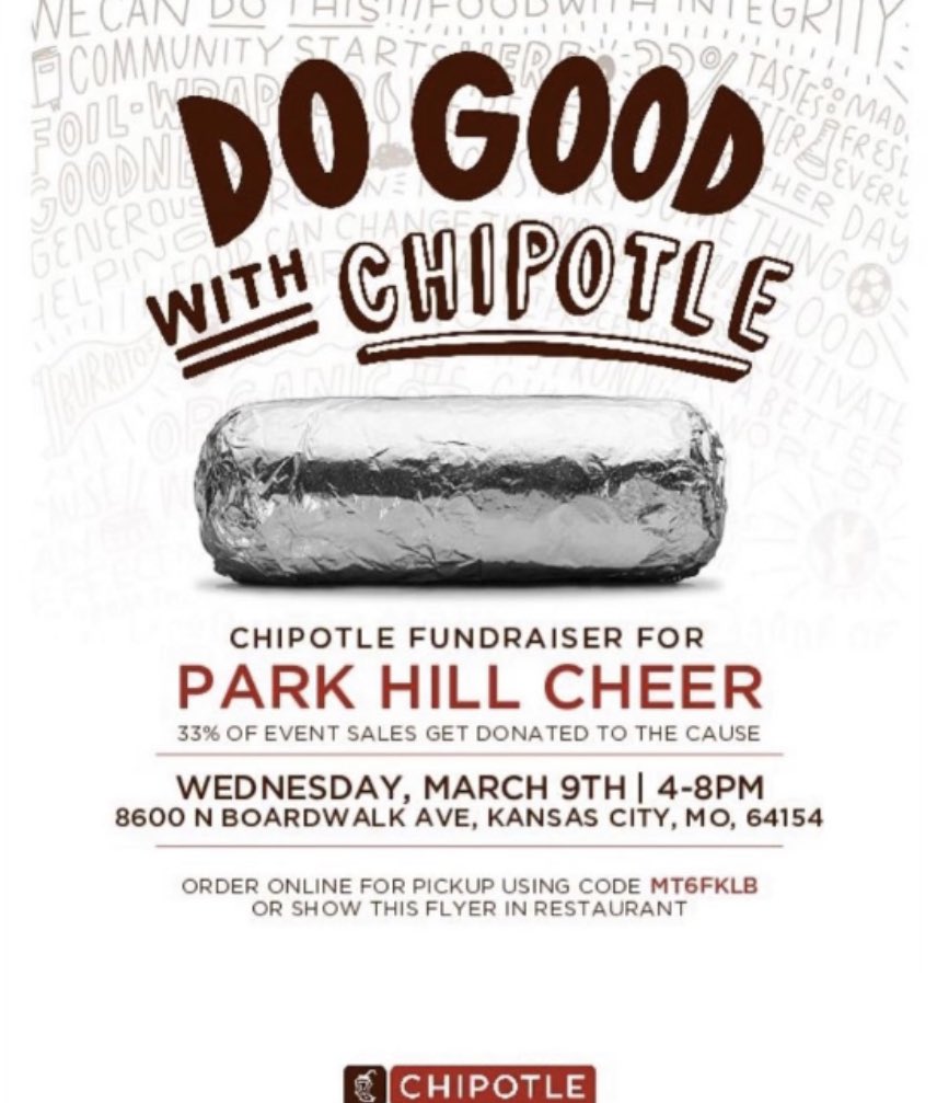 Come support your Park Hill Cheer team this Wednesday from 4-8. Don’t forget to say Park Hill Cheer at check out or use the code below online.