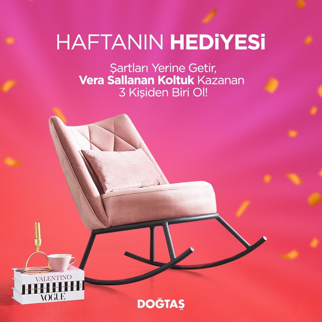 Dogtas's tweet photo. Sayfayı takip edip gönderiyi beğendiğinizde, iki arkadaşınızı ekleyip retweet ederseniz; Vera Sallanan Koltuk kazanan 3 kişiden biri olabilirsiniz.

Son gün 16 Mart!

#Çekiliş #Fırsat #yarışma #hediye #çekilişvar #çekilişvakti #yarışmavakti #şimditarzdoğtaş #doğtaş https://t.co/Gj7hcZvjHs