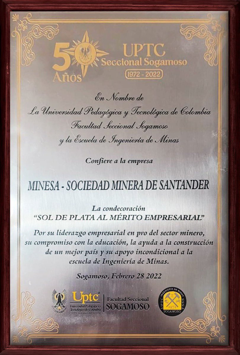 Sociedad Minera de Santander - Minesa (@minesa_col) on Twitter photo Felicitaciones a la @universidaduptc y a la <a href="/minasuptc/">Ingeniería De Minas UPTC 50 Años</a> por 50 años forjando desde la educación la #MineríaBienHecha. Nos sentimos orgullosos por la condecoración recibida “Sol de plata al mérito empresarial”<a href="/Minesa_Col/">Sociedad Minera de Santander - Minesa</a> Felicitaciones a la @universidaduptc y a la <a href="/minasuptc/">Ingeniería De Minas UPTC 50 Años</a> por 50 años forjando desde la educación la #MineríaBienHecha. Nos sentimos orgullosos por la condecoración recibida “Sol de plata al mérito empresarial”<a href="/Minesa_Col/">Sociedad Minera de Santander - Minesa</a>