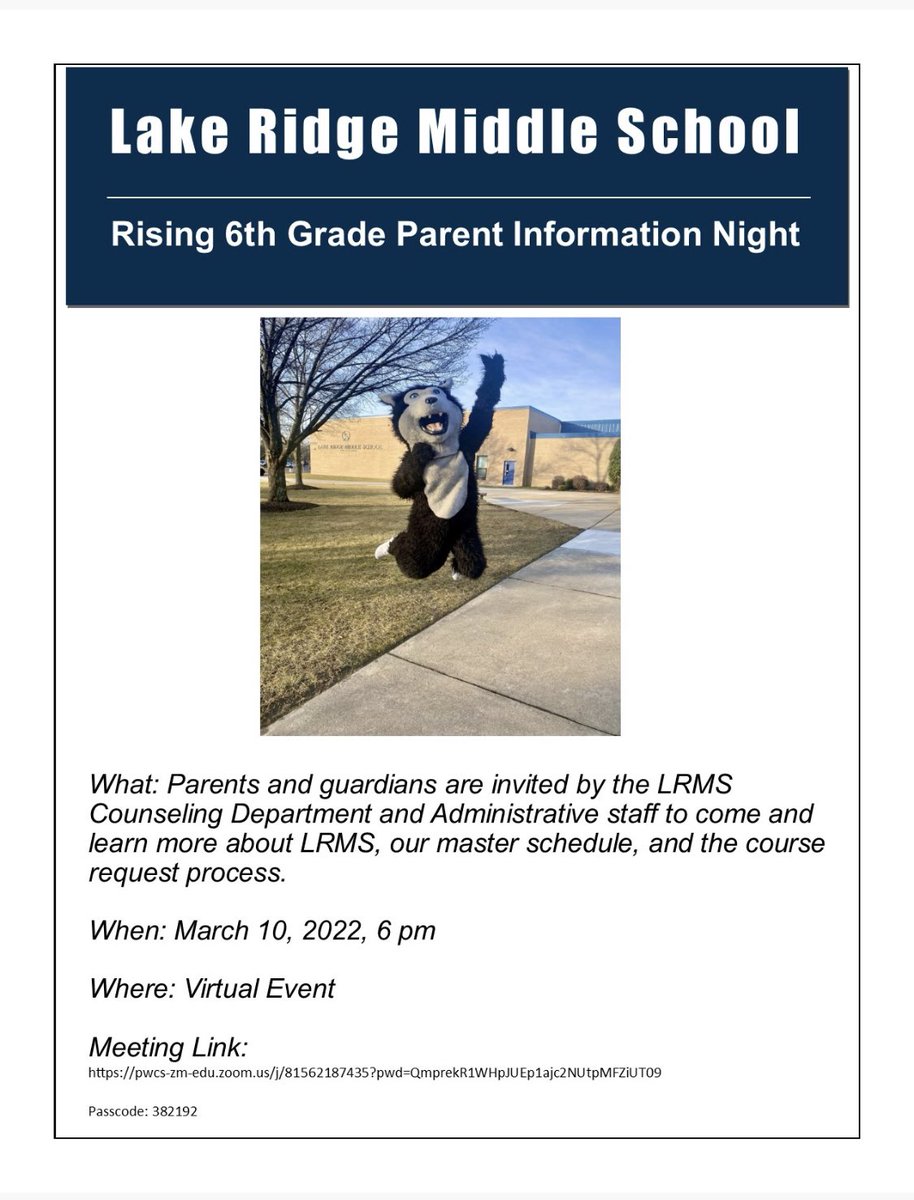 We are looking forward to welcoming our Rising 6th Grade Parents at our upcoming Parent Information Nights! <a href="/LrmsWolves/">LRMSWolves</a>