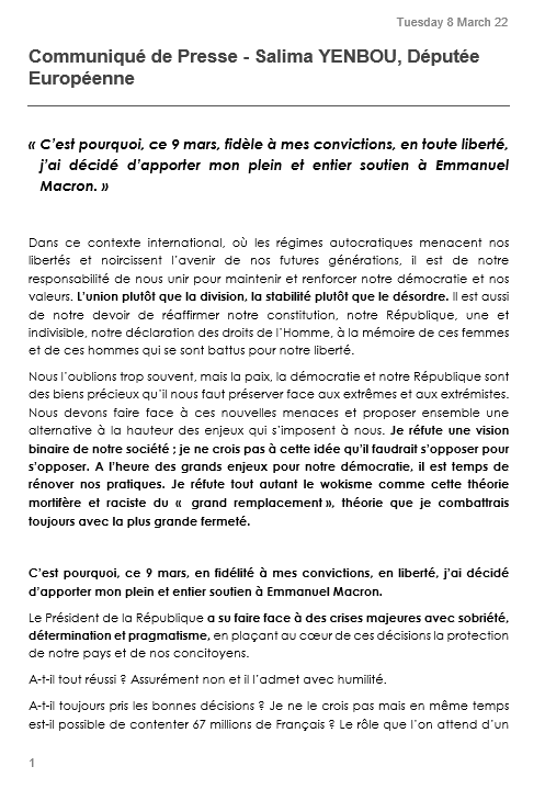 salima_yenbou's tweet photo. Ecologiste et européenne convaincue, j'ai décidé d'apporter mon soutien à Emmanuel Macron, seul candidat capable de relever les défis qui s'imposent à nous. https://t.co/GIV2bhQmTn