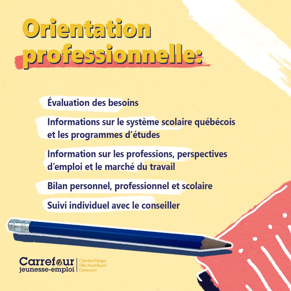 Découvrez notre service accès sur l’orientation professionnelle! Au CJE de CDN, nous offrons plusieurs services pour les jeunes de 16 à 35 ans en fonction de leurs besoins. Visitez notre site web pour en savoir plus : cjecdn.qc.ca/orientation-pr… 

#changementcarrière #retourauxétudes