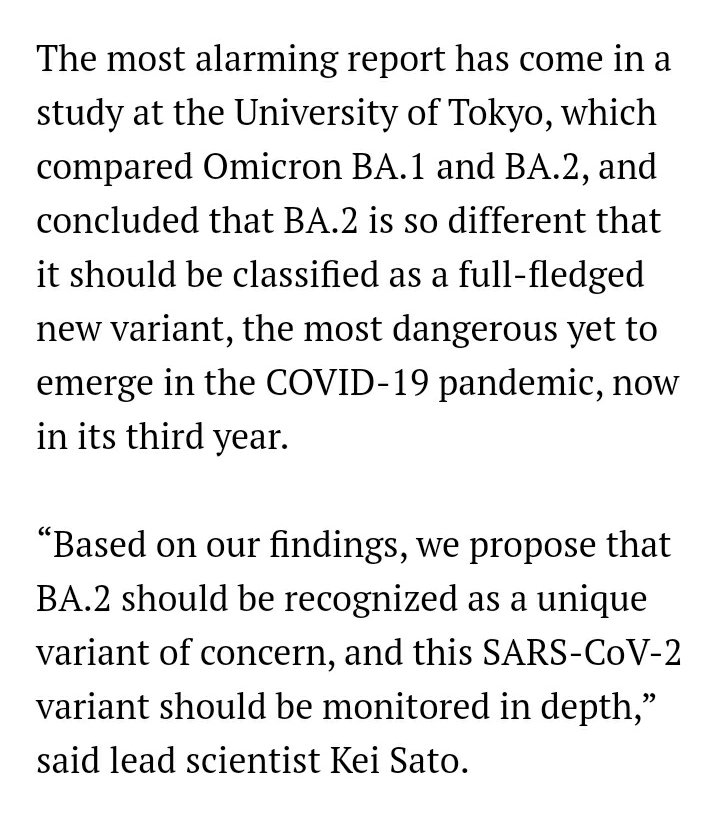 DurianLiftOff's tweet photo. https://t.co/KOBEZ4k1Vb
The new global directive:
"Omicron is mild. Get back to work, ditch the mask-theatre, screw air-safety in public buildings and open the schools."
But that was BA.1.
'Studies warn Omicron BA.2 is the most dangerous COVID variant ever'.
#FarFromNormal https://t.co/gz0fQ3ulSE