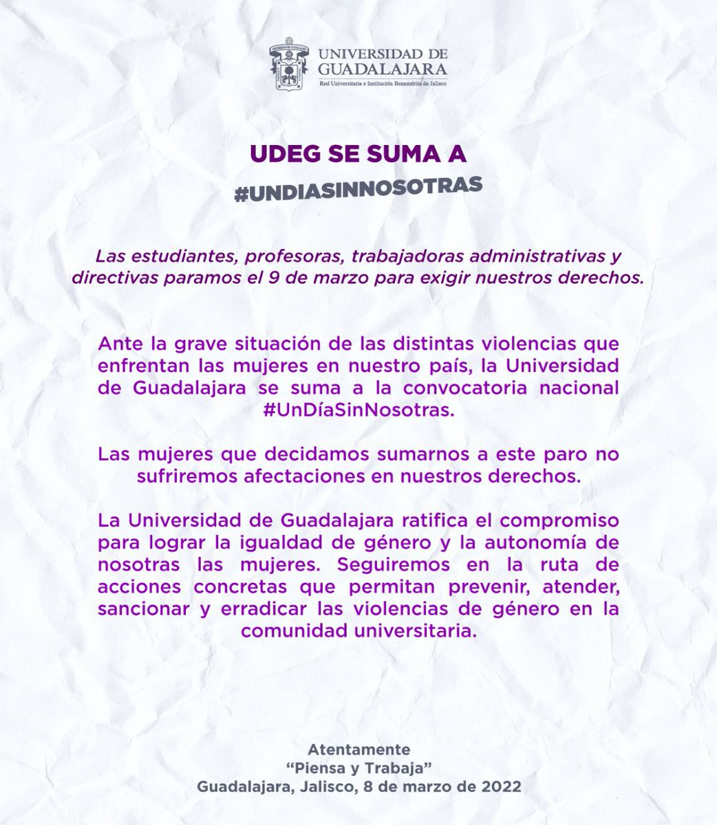 En la UdeG, las universitarias nos sumamos al paro del 9 de marzo para exigir nuestros derechos. @KarlaPlanter1 @AponceEmobil @RomeroMenaFco @LAC_1975 @DrSergioSE @javierdealba4s