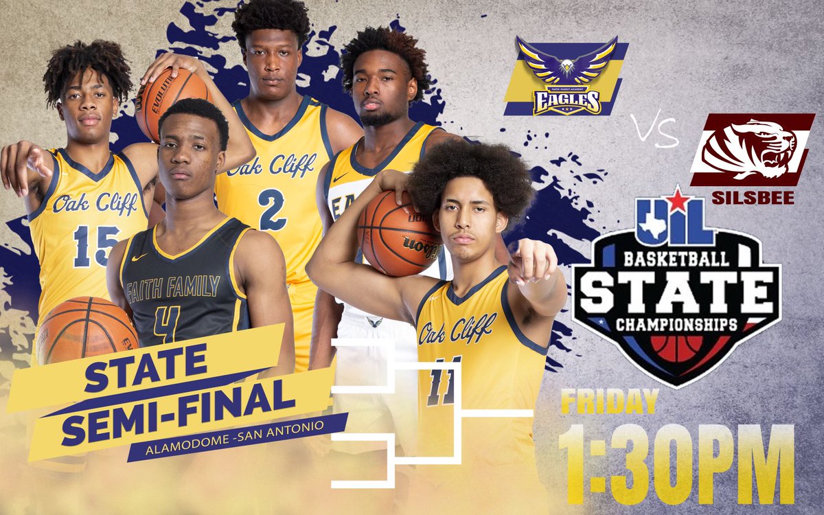 OakCliff_FFA's tweet photo. ROUND 6🦅🦅

🏀 State Semifinals
🗓  3-11-22
🆚  Silsbee
📍 San Antonio Alamodome
🕜 1:30pm

Watch Live!

https://t.co/Y1KKQ0OXft

Tickets!

https://t.co/Fe4kZu05jQ

#TougherTogether https://t.co/lwh1jB7DPT