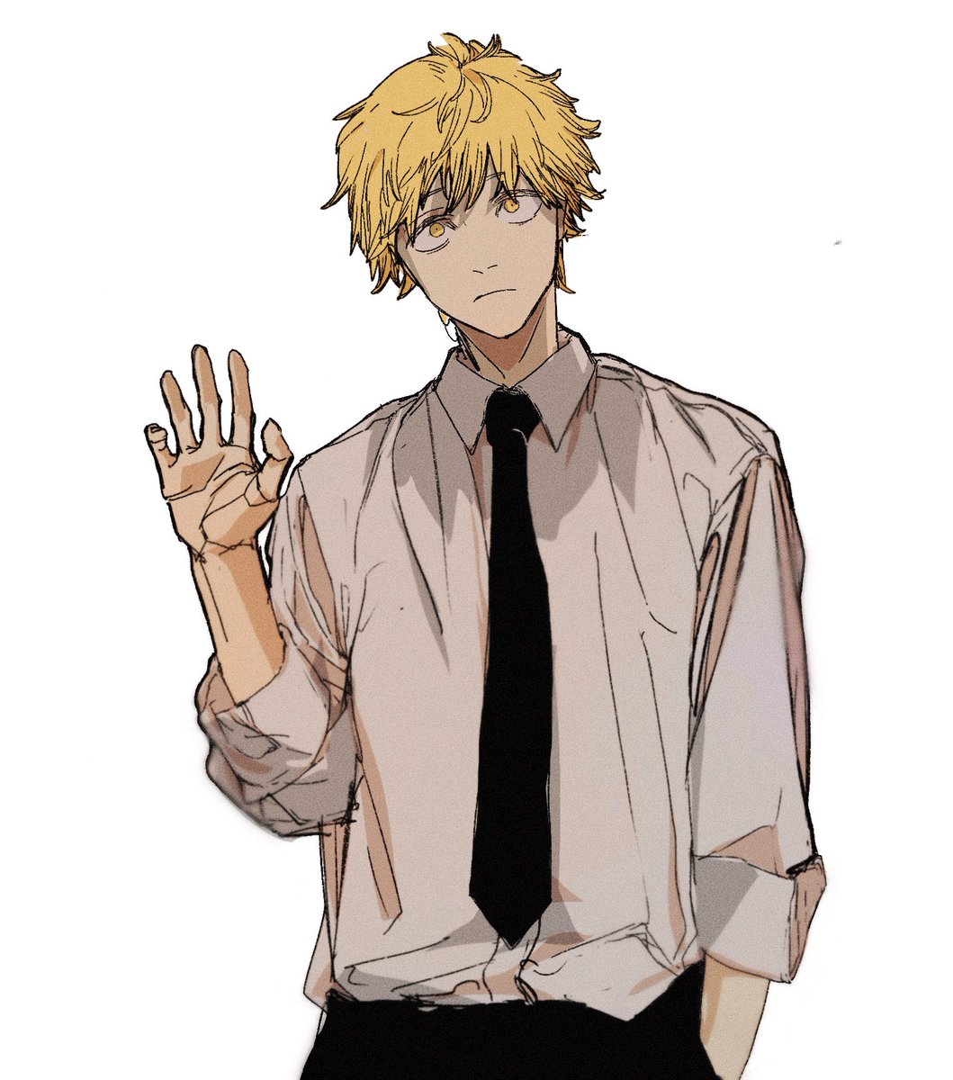 denji (chainsaw man) 1boy blonde hair necktie black necktie shirt solo white background  illustration images