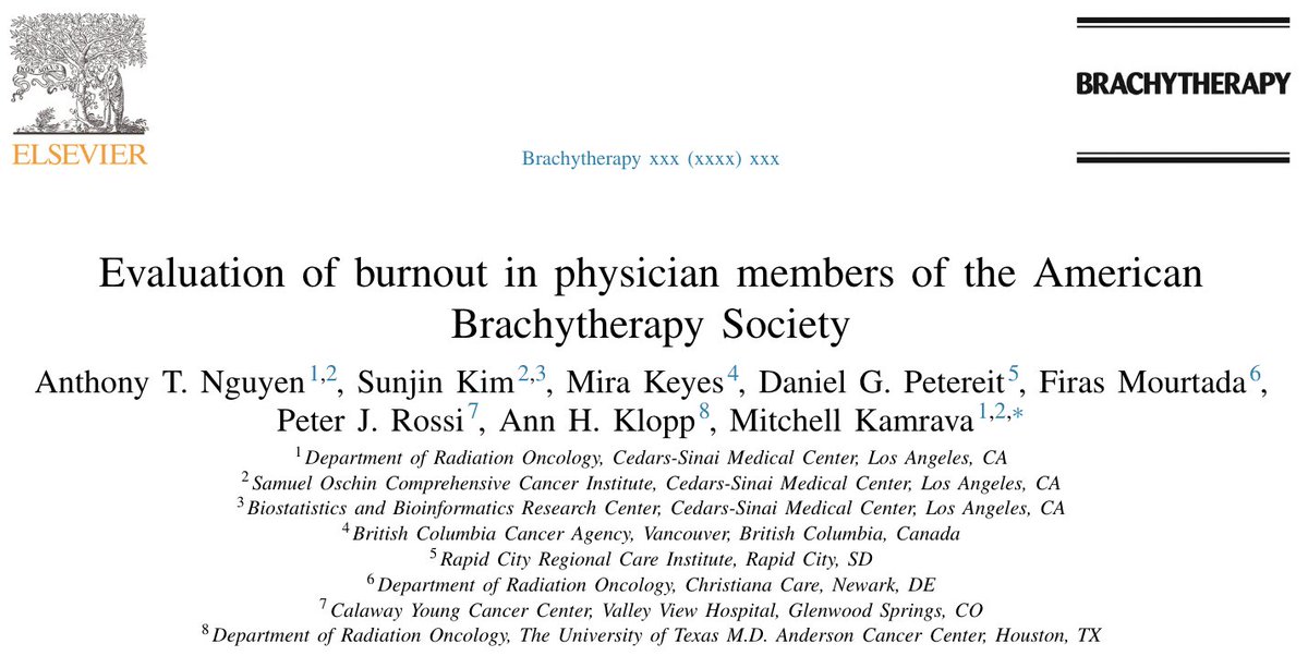 Glad to share our newest paper on #burnout among radiation oncologists who perform #brachytherapy! Nearly 60% ‼️ demonstrated symptoms of professional burnout including emotional exhaustion, cynicism, and low accomplishment 1/n sciencedirect.com/science/articl… @KamravaMD @CSCancerCare