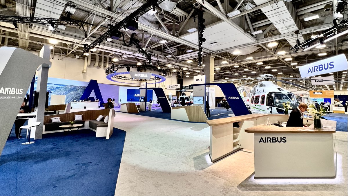 AirbusHeli's tweet photo. It's showtime! Our teams on the ground are ready to welcome you around the helicopters on the booth: the #H125, #ACH145, #H135, and #H175. Find out the latest with our support services & don’t miss the innovation area to see how we’re pioneering sustainable aviation! #haiexpo22 https://t.co/pqr2Z7HcSc