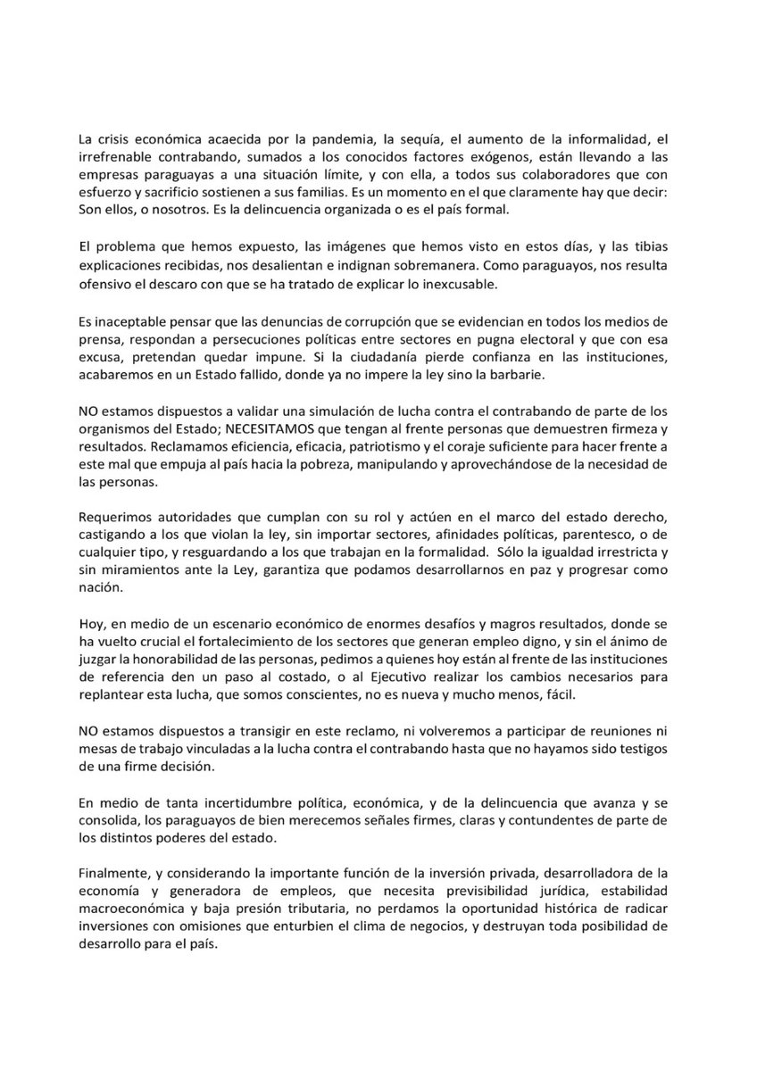 📣“Son ellos o nosotros. Es la delincuencia organizada o el país formal” ⚠️

🇵🇾 El país necesita de resultados concretos en la lucha contra el contrabando; este es el momento de tomar decisiones. 🙌

#Manifiesto #SectorEmpresarial #UIP #UipJoven