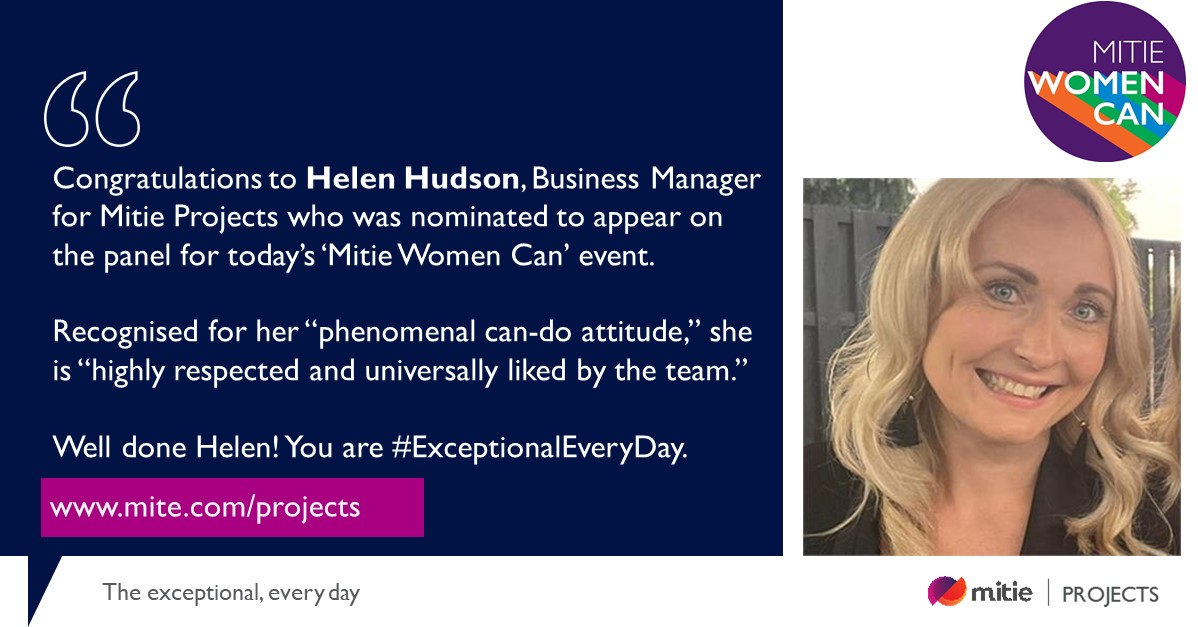 MitieProjects's tweet image. Congratulations to Helen Hudson, Business Manager who was nominated to appear on the panel at today&apos;s &apos;Mitie Women Can&apos; event. Helen, like many other women in our business, is a shining example of how @mitie women can achieve their goals, no matter what #IWD2022