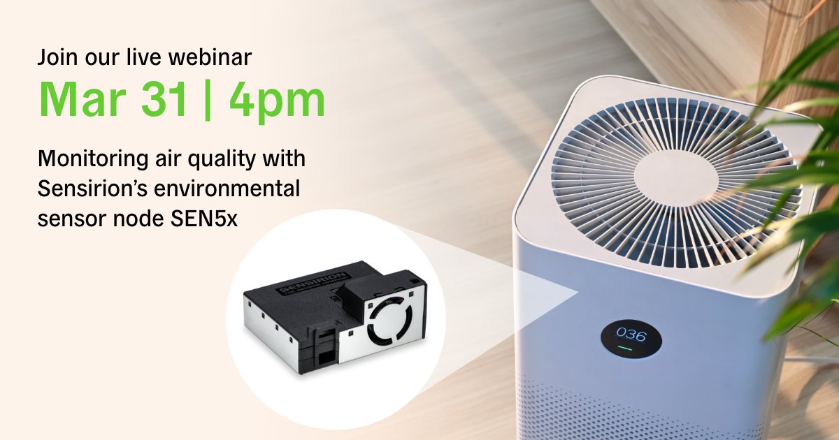 sensirion's tweet photo. 📢 Don't miss our webinar on March 31 at 4pm about "Monitoring air quality with Sensirion’s environmental sensor node SEN5x ".

✔️ Save your spot and register here for free: https://t.co/5vzZVvbDyC

#webinar #sensornode #sen5x #indoorairquality #sensirion https://t.co/vsnAQdpZgy