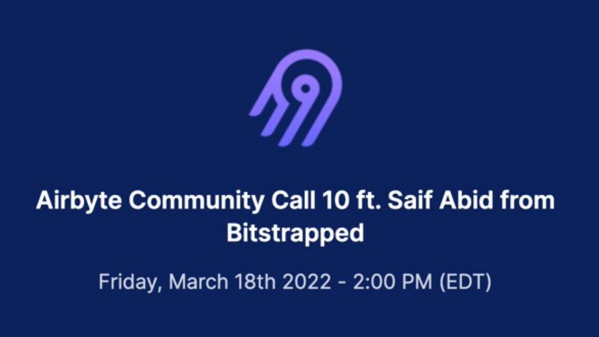 bitstrapped's tweet photo. What does modern data migration &amp; integration look like? One word: Airbyte. Join us Friday, Mar. 18, 2022-2:00PM (EDT) for the Airbyte webinar with @SaifAbid. We will discuss our Golang CDK, which allows you to create Go-based Airbyte connectors. 
Register:https://t.co/UAt3ORsHDB https://t.co/ySSrLYMPAl