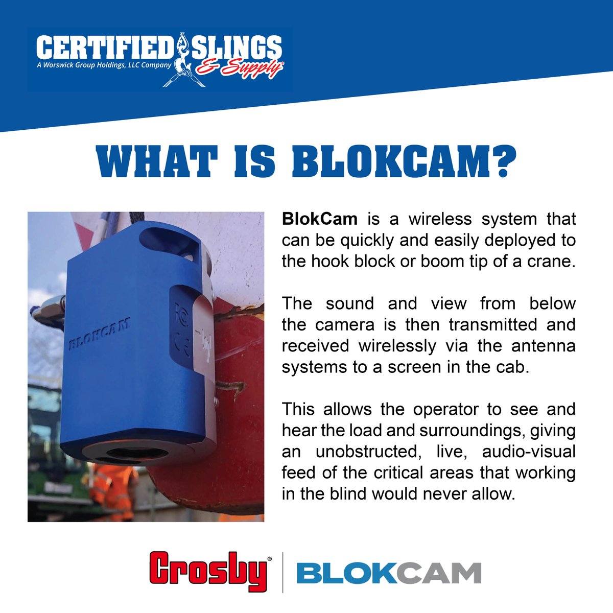 What is BlokCam? Learn more about <a href="/thecrosbygroup/">Crosby</a> BlokCam – a wireless system that allows the operator to see and hear the load and surroundings. Visit the link below for a free download: certifiedslings.com/product/blokca… #crane #cranesafety #workingatheight #workplacesafety