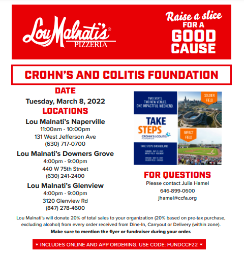 CCfdnIllinois's tweet photo. Take Steps Kickoff Day 2: Host a local restaurant fundraiser! 

There are tons of restaurants in the Chicagoland area that work with nonprofits to fundraise! Join us TODAY at one of three Lou Malnati's locations to raise funds for Take Steps! #whyitakesteps https://t.co/n5BhcxnPdf