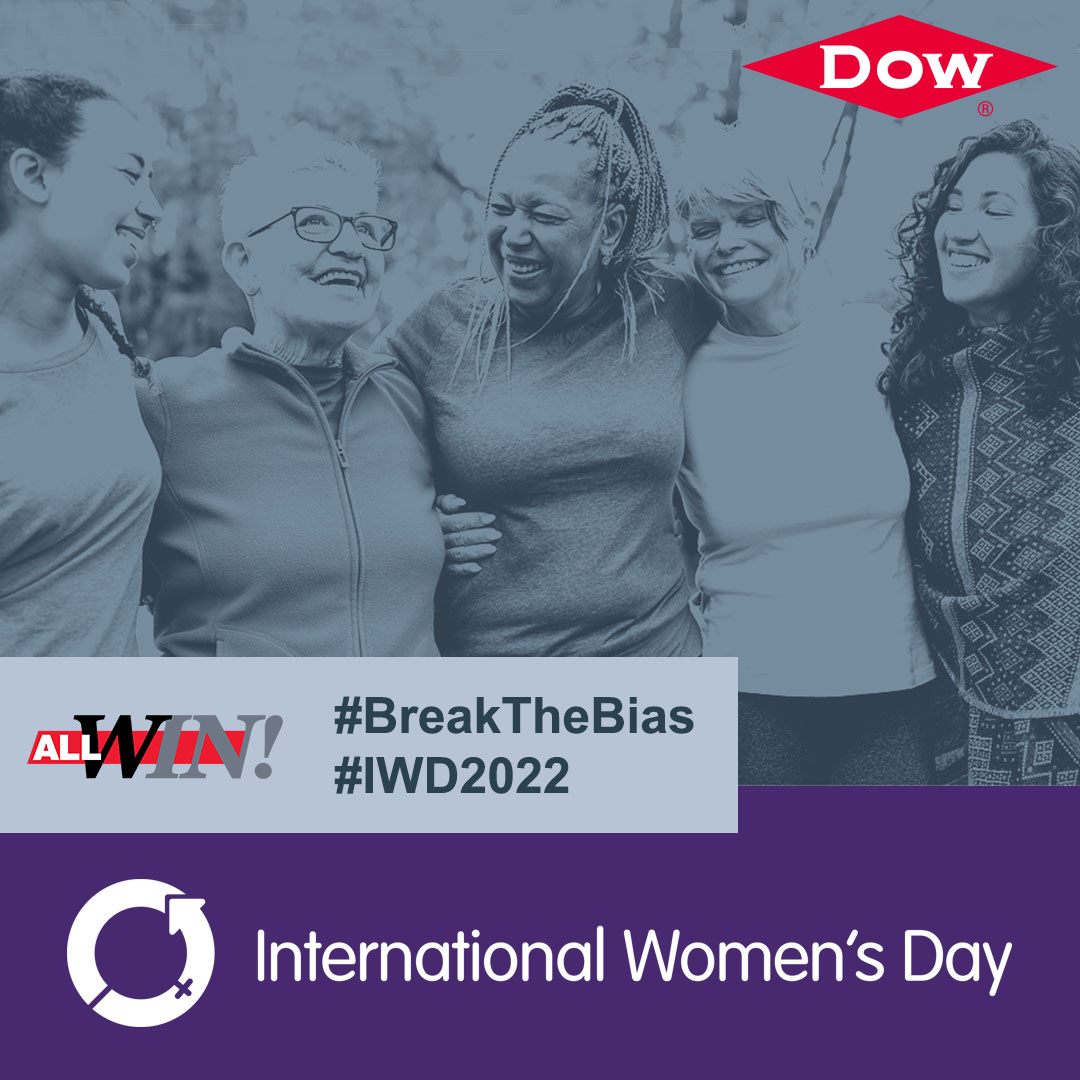 A diverse group of women celebrate International Women’s Day, featuring the Dow Women’s Innovation Network logo.