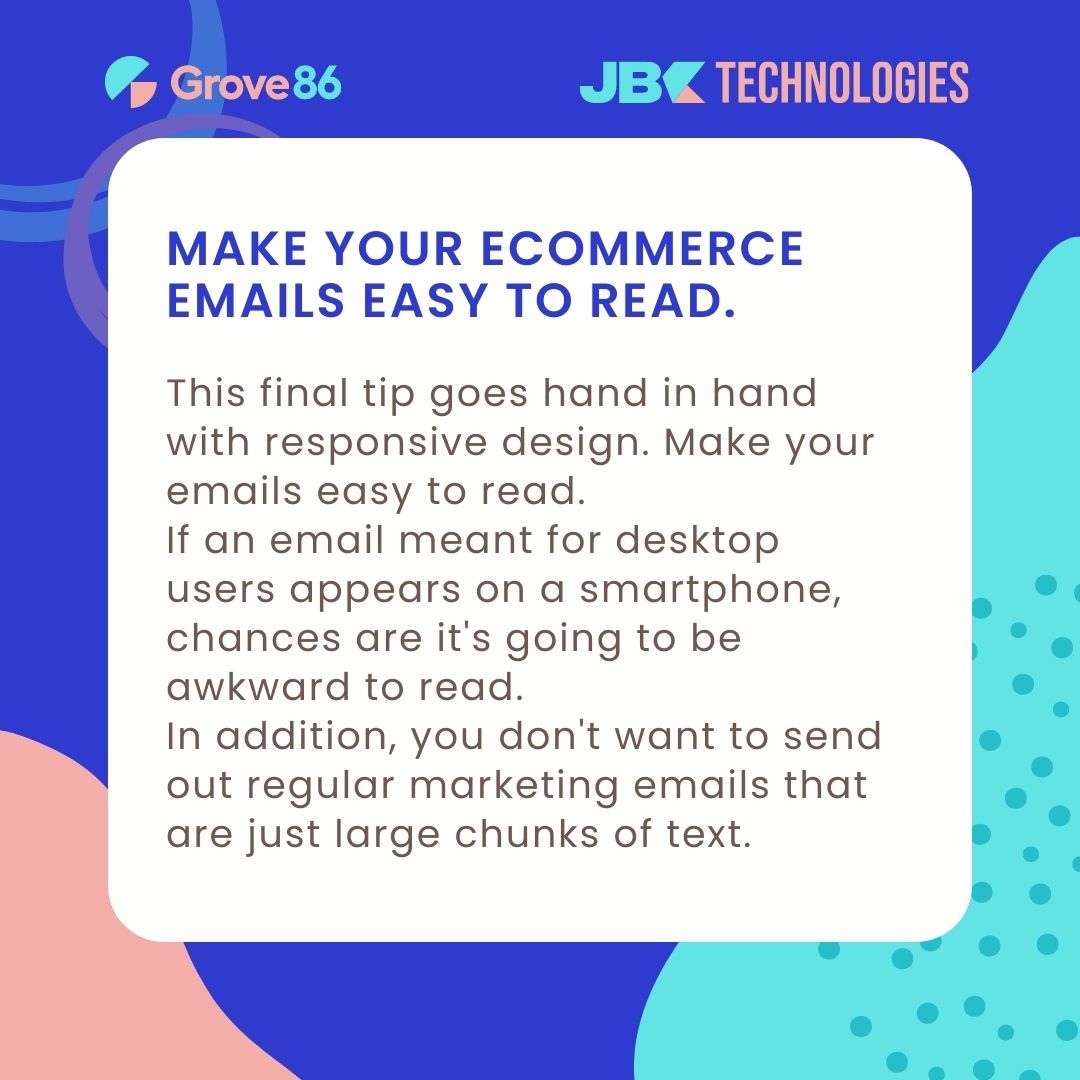 Grove86LLC's tweet photo. (8/8) Tips for Email Marketing for Ecommerce business
Make your emails easy to read.
#emailmarketing #emailmarketingtips #grove86 https://t.co/xvvLgGtNAO