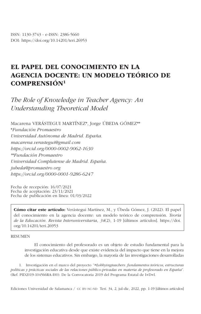 Disponible el artículo «El papel del conocimiento en la agencia docente: un modelo teórico de comprensión» en 
<a href="/RevTeoriaEdu/">Teoría de la Educación. Revista Interuniversitaria</a>
 
Acceso: revistas.usal.es/index.php/1130……

Gracias a 
<a href="/JorgeFilosofo/">Jorge Úbeda</a>
 y al equipo de #LobbyingTeachers por hacerlo posible