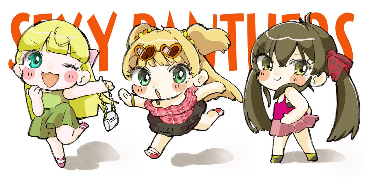 matoba risa multiple girls 3girls blonde hair green eyes leopard print twintails chibi  illustration images