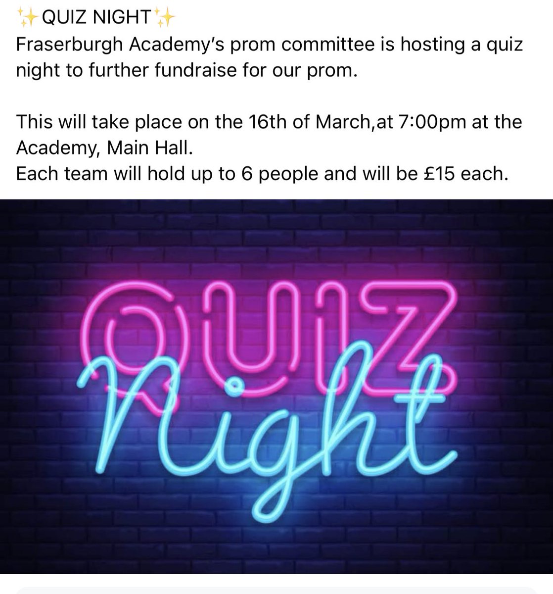 ✨PROM FUNDRAISER✨
@ Fraserburgh Academy on the 16th of March 
Snacks and drinks will be available.