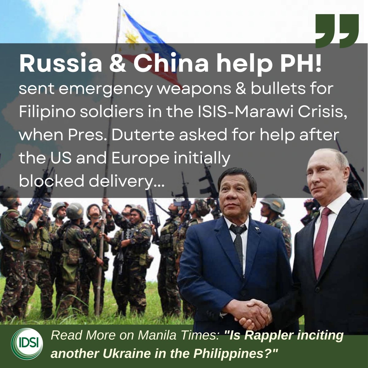 idsicenter's tweet photo. Russia & China helped the Philippines and the Filipino soliders during #MarawiCrisis! They sent emergency weapons & bullets for Pinoy soldiers in #Marawi when Pres. #Duterte asked for help after US & Europe initially blocked delivery... #DuterteLegacy 🇵🇭#NowYouKnowPH https://t.co/1IMDzCx6zu