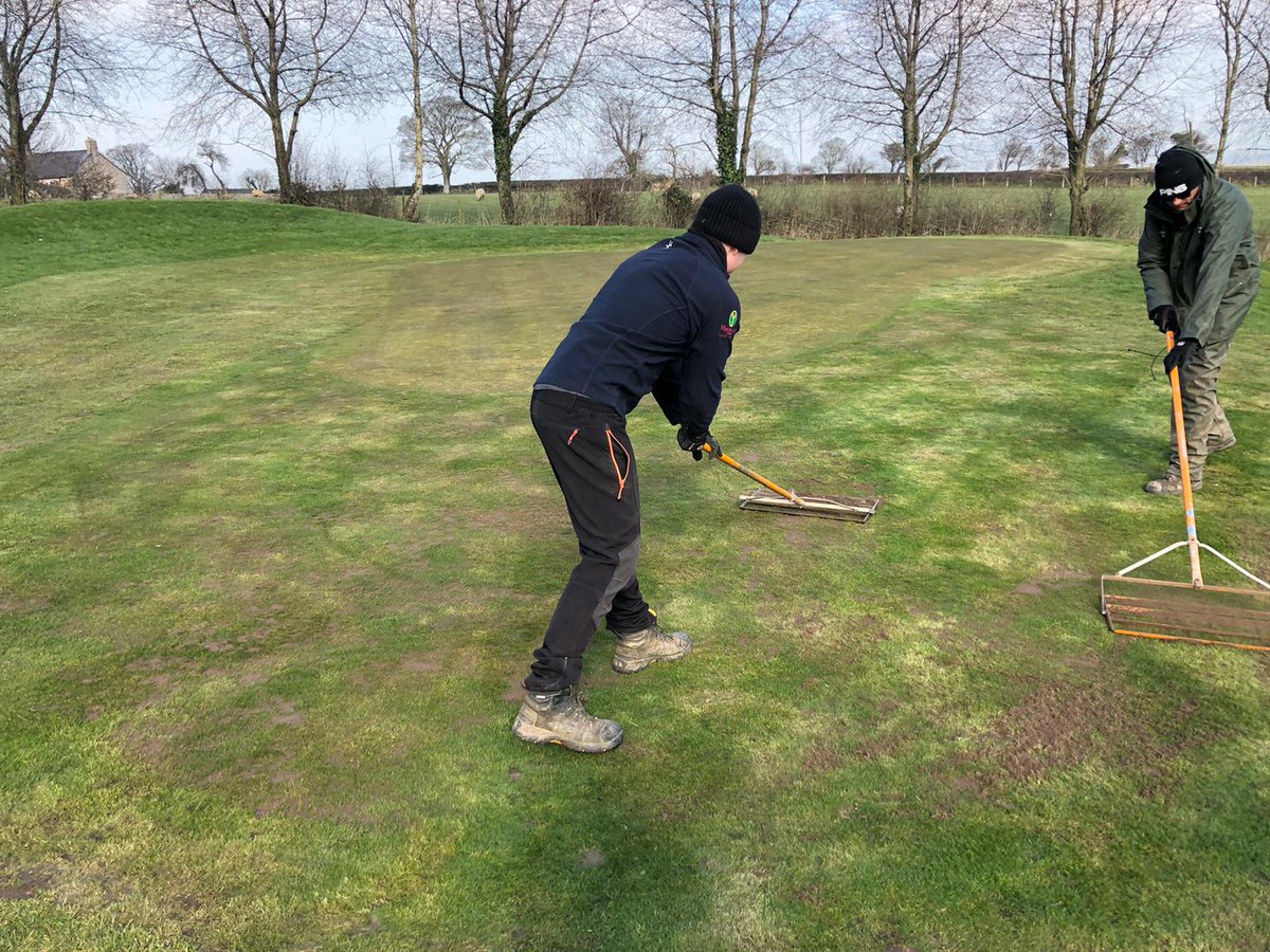 DGCGreens1908's tweet photo. Early start in the morning, 5 greens left to mini core and air aide.
After morning coring the greens the team took advantage of the weather to top dress and seed the new green area and bank on the 12th. https://t.co/rHq29q671x