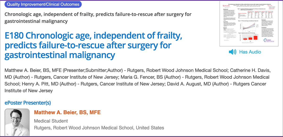 Matthew Beier, MD, MFE (@matthewabeier) on Twitter photo Honored to have our work on the interplay of age and frailty in predicting failure-to-rescue after GI cancer surgery included at #SSO2022. Thanks to excellent mentorship by Dr. David August and other great minds <a href="/CDavisMD/">Catherine Davis, MD</a> <a href="/MariaFencer/">Maria Fencer</a> <a href="/HenryPittMD/">Henry Pitt, MD</a> <a href="/RutgersCancer/">Rutgers Cancer Institute</a> <a href="/RWJMS/">Rutgers RWJMedSchool</a> Honored to have our work on the interplay of age and frailty in predicting failure-to-rescue after GI cancer surgery included at #SSO2022. Thanks to excellent mentorship by Dr. David August and other great minds <a href="/CDavisMD/">Catherine Davis, MD</a> <a href="/MariaFencer/">Maria Fencer</a> <a href="/HenryPittMD/">Henry Pitt, MD</a> <a href="/RutgersCancer/">Rutgers Cancer Institute</a> <a href="/RWJMS/">Rutgers RWJMedSchool</a>