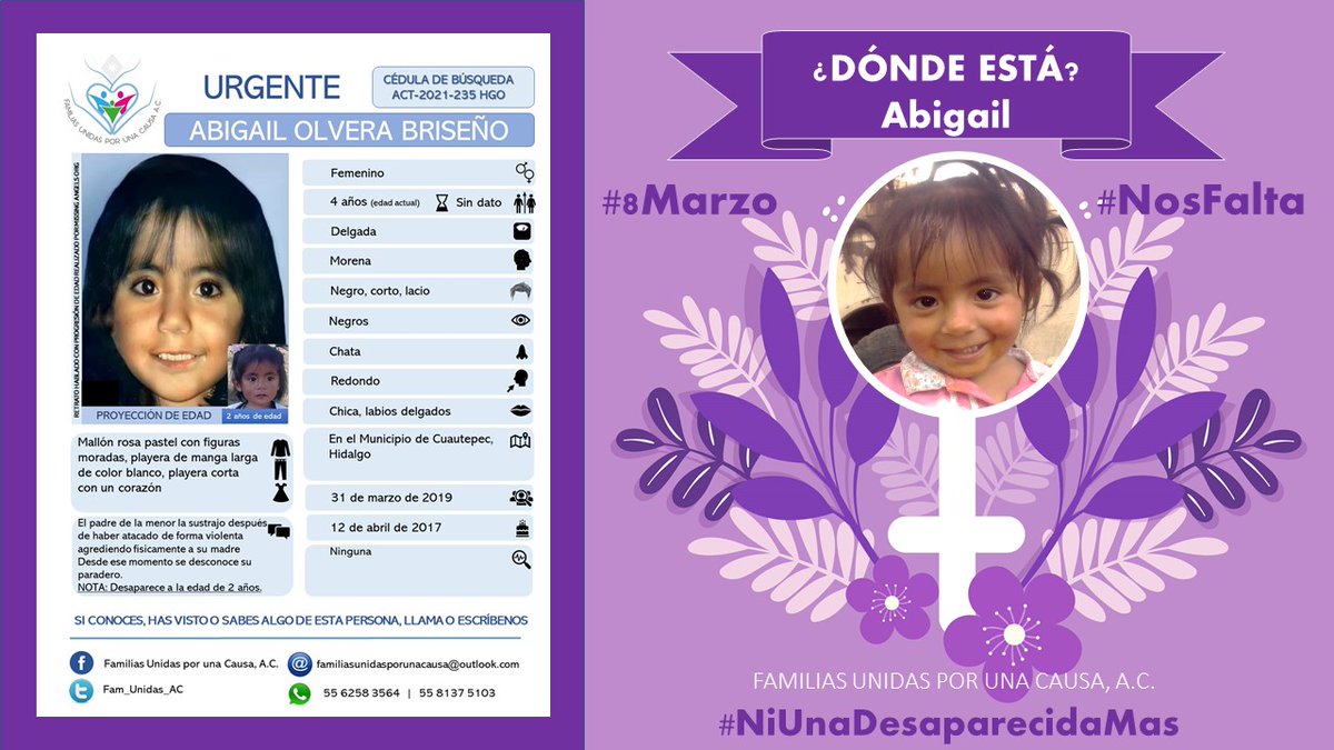 #8M #8M2022 #8Marzo2022 #Hastaencontrarla #NiUnaDesaparecidaMas #SiNosFaltaUna #NosFaltaTodas #TeBuscamos #AbigailOlveraBriseño <a href="/franciscozea/">Francisco Zea</a> <a href="/beltrandelrio/">Pascal</a> <a href="/SOYCarlosMota/">Carlos Mota</a> <a href="/MarcelaLagarde1/">Marcela Lagarde</a> <a href="/V_TrujilloM/">Víctor Trujillo</a> <a href="/brozoxmiswebs/">brozo xmiswebs</a> <a href="/AdalRamones/">Adal Ramones</a> <a href="/epigmenioibarra/">epigmenio ibarra</a> <a href="/botDesaparecidx/">BotDesaparecidx</a> <a href="/AngelaCedeno_PI/">Missing Angels Org</a>