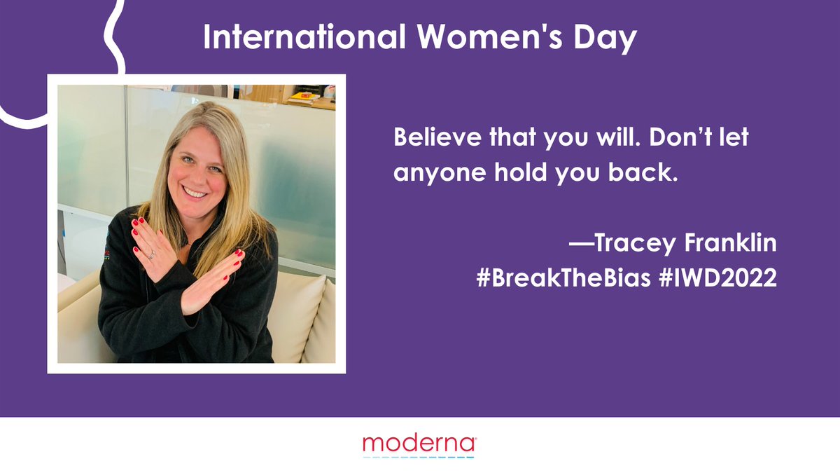 moderna_tx's tweet photo. On #InternationalWomensDay, we are celebrating the incredible women at Moderna who are breaking barriers and helping to build a healthier world. We asked members of our WISDM (Women In Science Driving Moderna) employee resource group what #IWD2022 means to them. #BreakTheBias https://t.co/9xwu26OvA3
